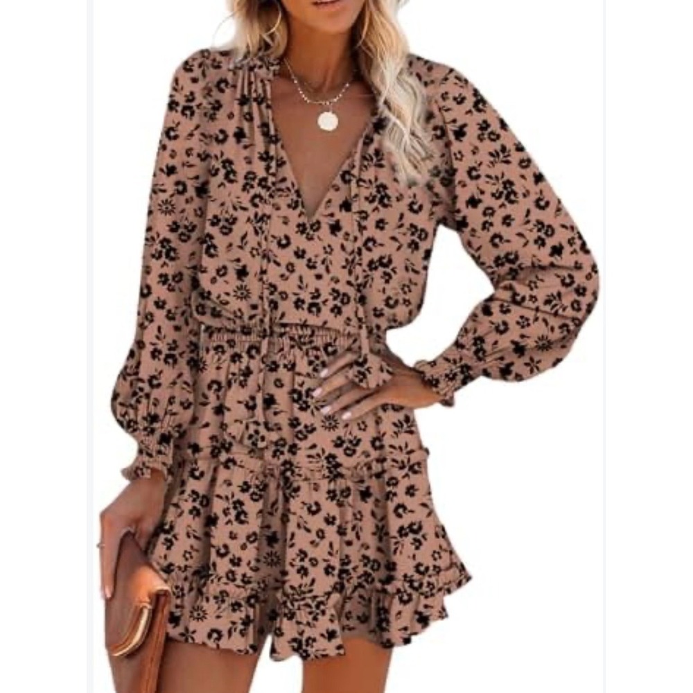 Floral Smocked Tiered Mini Dress Tan Black Long Sleeve Boho Ruffle Neck L